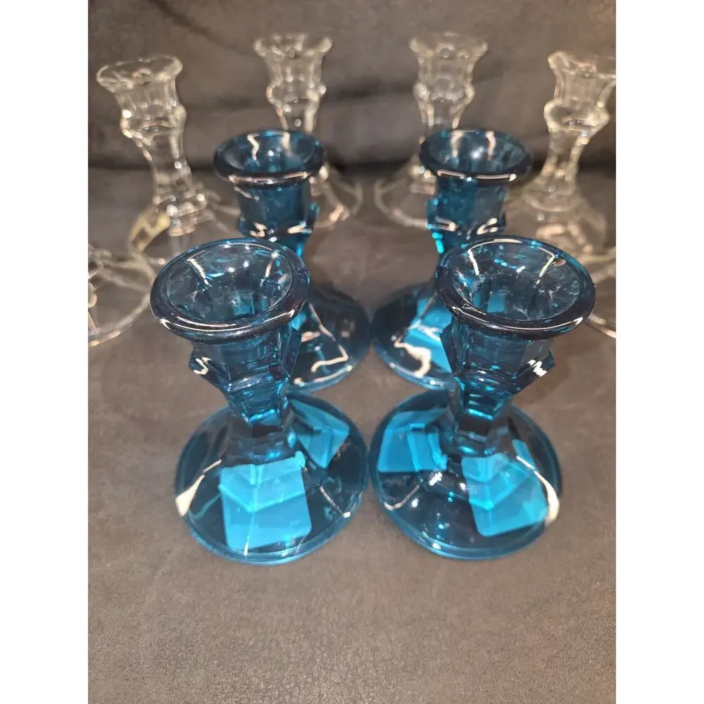Libbey Crisa Glass Candlestick Holders Lot of 12 Aquamarine Blue Clear Taper